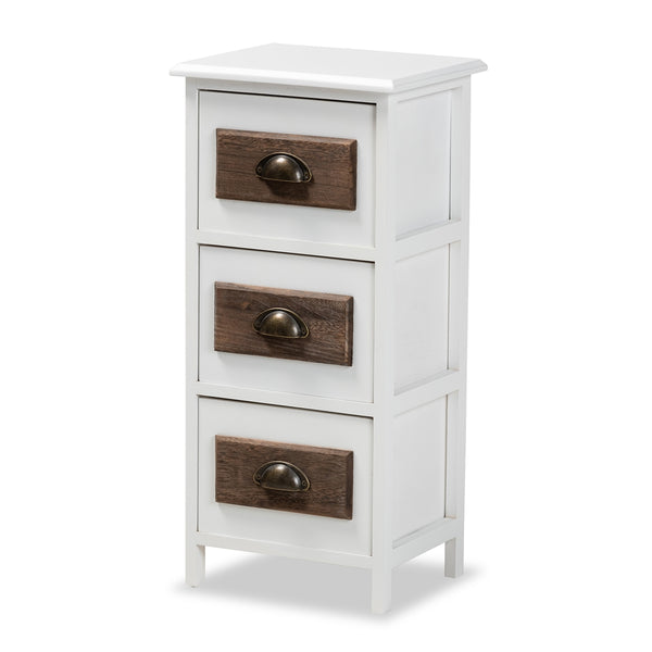 Modern and Contemporary Two-Tone White and Walnut Brown Finished Wood 3-Drawer Storage Unit