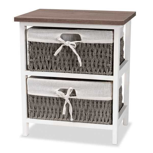 Modern Transitional Two-Tone Walnut Brown and White Finished Wood 2-Basket Storage Unit