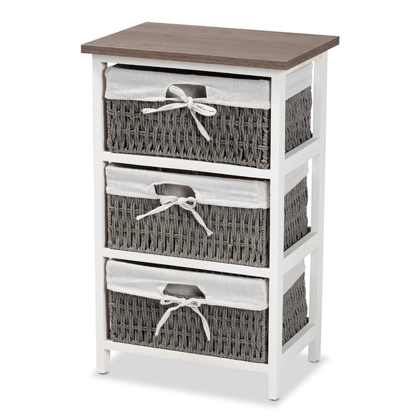 Modern Transitional Two-Tone Walnut Brown and White Finished Wood 3-Basket Storage Unit