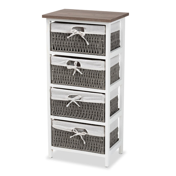 Modern Transitional Two-Tone Walnut Brown and White Finished Wood 4-Basket Storage Unit