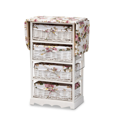 Modern and Contemporary Multi-Colored Fabric Upholstered and White Finished Wood Drop Leaf Ironing Board Cabinet with Woven Storage Baskets