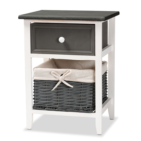 1-Drawer Storage Unit with Basket Modern Transitional Two-Tone Dark Grey and White Finished Wood