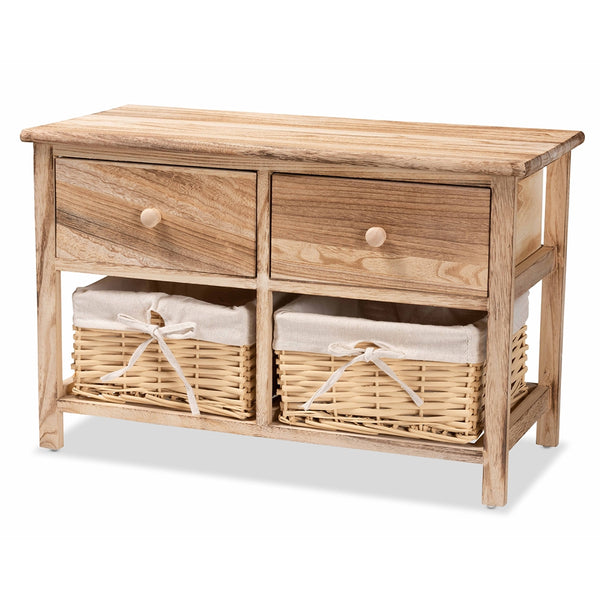 2-Drawer Storage Unit with Woven Baskets Rustic Oak Brown Finished Wood