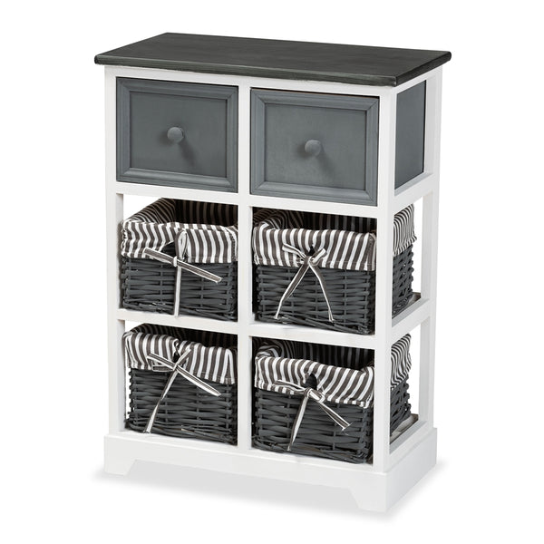 Modern and Contemporary Two-Tone Grey and White Finished Wood 2-Drawer Storage Unit with Baskets