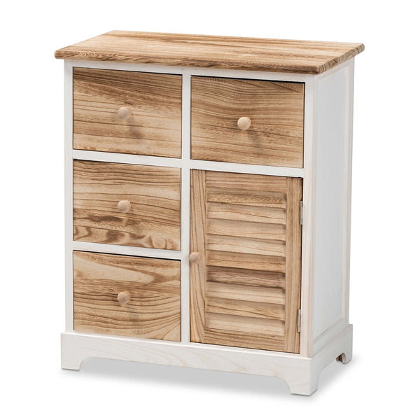 Rustic Transitional Two-Tone White and Oak Brown Finished Wood 4-Drawer Storage Unit