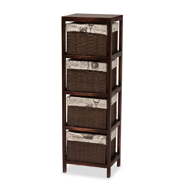 Modern French Inspired Walnut Brown Finished Wood 4-Basket Storage Unit