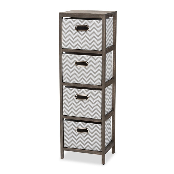 Modern and Contemporary Grey and White Fabric Upholstered Grey-Washed Wood 4-Basket Tallboy Storage Unit