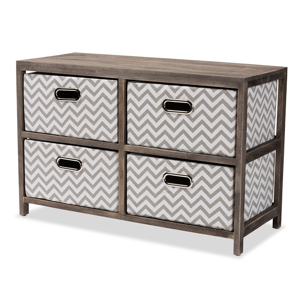 Modern and Contemporary Grey and White Fabric Upholstered Gray-Washed Wood 4-Basket Storage Unit