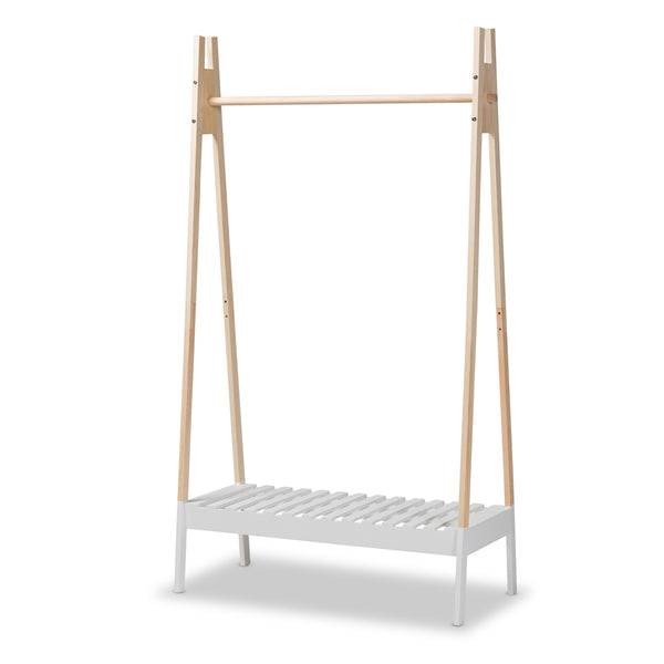 Modern and Contemporary Two-Tone White and Oak Brown Finished Wood Freestanding Coat Hanger