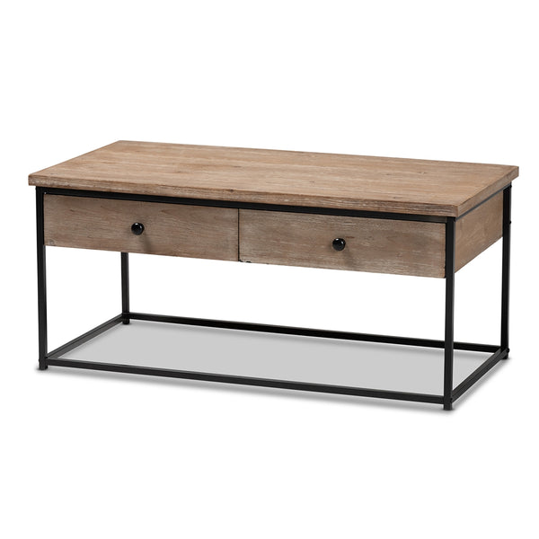 2-Drawer Mesh Coffee Table Modern and Contemporary Weathered Oak Finished Wood and Black Metal