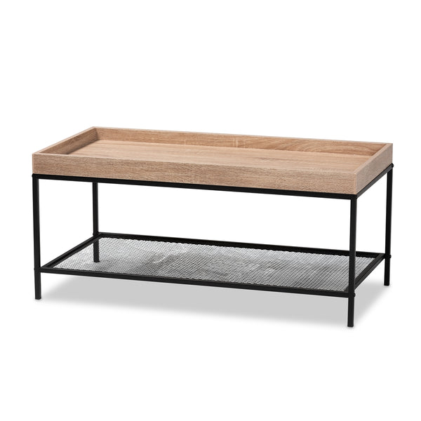 Modern Industrial Oak Brown Finished Wood and Black Metal Coffee Table