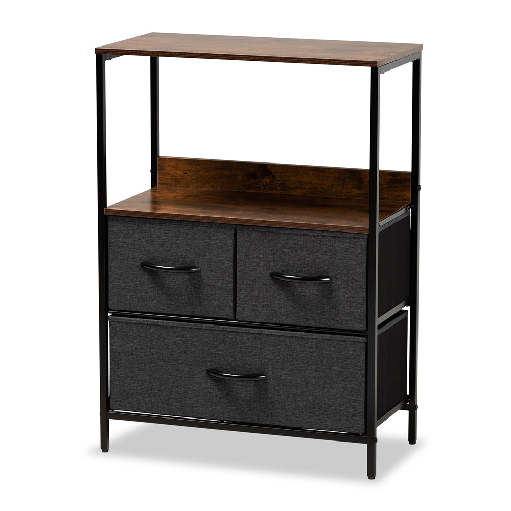 Hakan Modern Industrial Grey Fabric Upholstered and Walnut Brown Finished Wood 3-Drawer Storage Cabinet