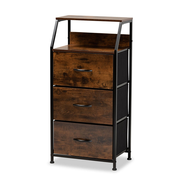 Modern Industrial Walnut Brown Finished Wood and Black Metal 3-Drawer Storage Cabinet