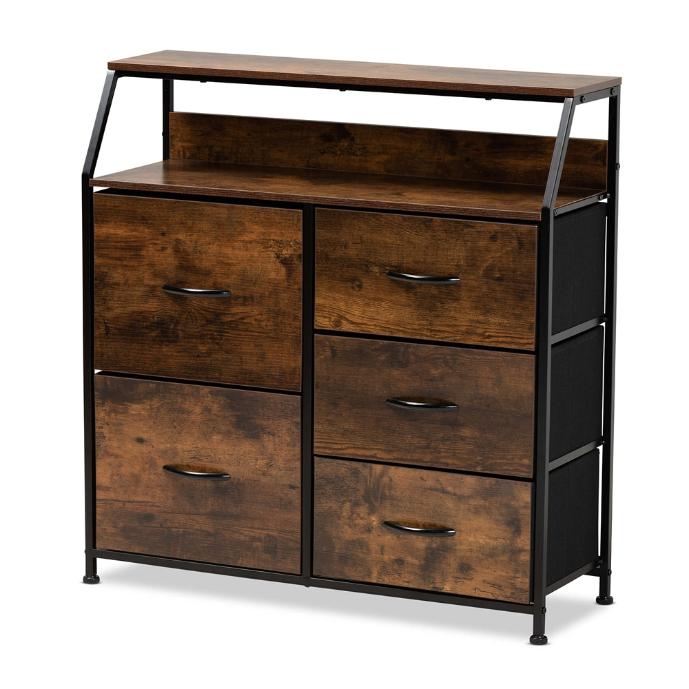 Jacop Modern Industrial Walnut Brown Finished Wood and Black Metal 5-Drawer Storage Cabinet