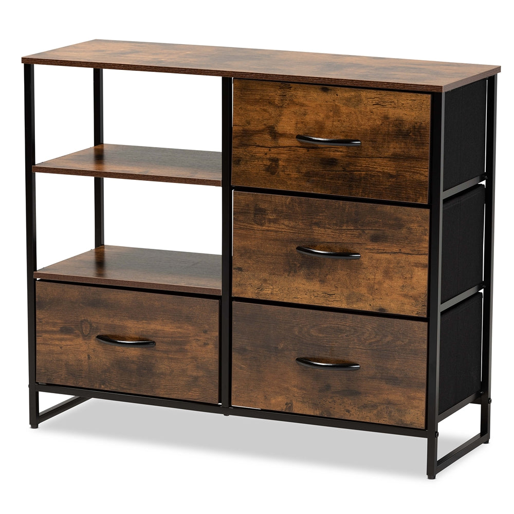 Hakan Modern Industrial Walnut Brown Finished Wood and Black Metal 4-Drawer Storage Cabinet