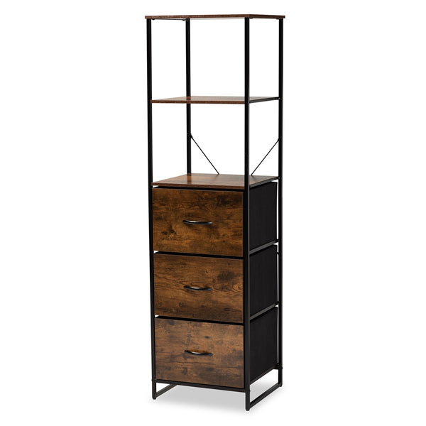 Hakan Modern Industrial Walnut Brown Finished Wood and Black Metal 3-Drawer Storage Cabinet