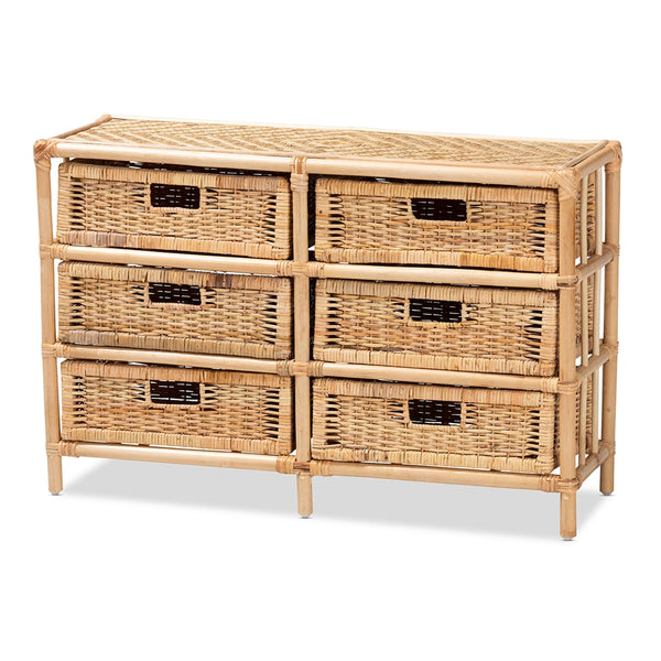 Modern Bohemian Natural Brown Rattan 6-Drawer Storage Cabinet