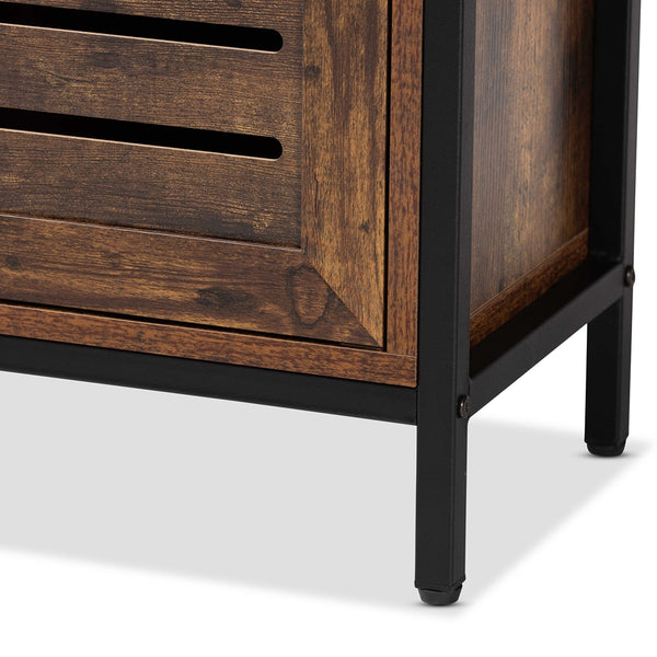 Modern 1-Door 2-Tier Shoe Storage Cabinet Rustic Brown Finished Wood and Black Metal