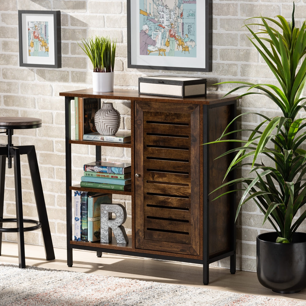 Modern 1-Door 2-Tier Shoe Storage Cabinet Rustic Brown Finished Wood and Black Metal