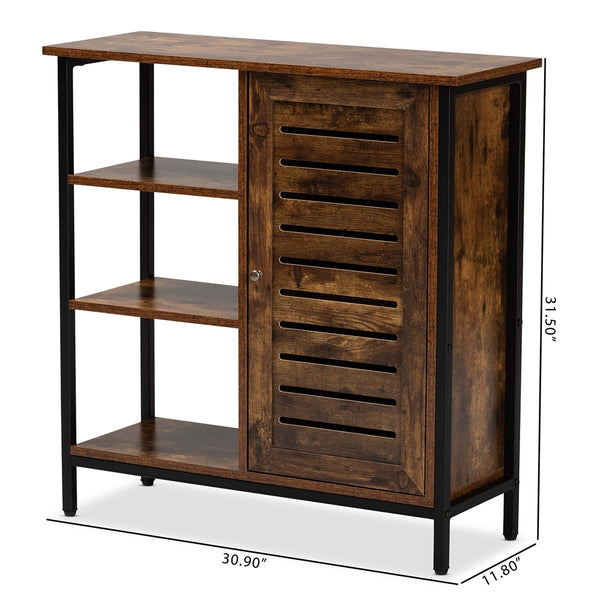 Modern 1-Door 2-Tier Shoe Storage Cabinet Rustic Brown Finished Wood and Black Metal