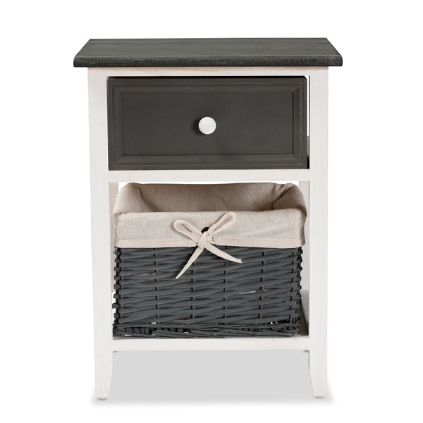 1-Drawer Storage Unit with Basket Modern Transitional Two-Tone Dark Grey and White Finished Wood