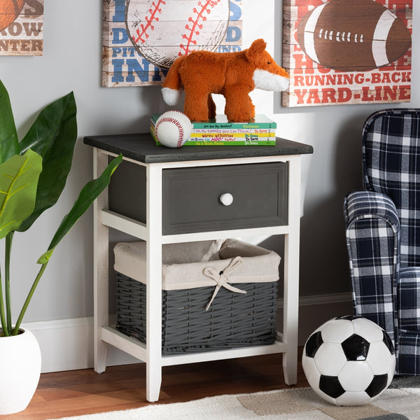 1-Drawer Storage Unit with Basket Modern Transitional Two-Tone Dark Grey and White Finished Wood