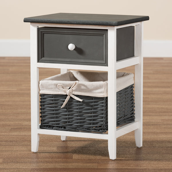 1-Drawer Storage Unit with Basket Modern Transitional Two-Tone Dark Grey and White Finished Wood