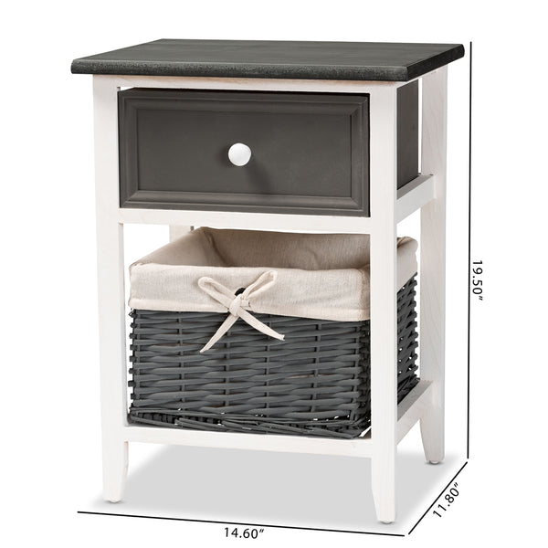 1-Drawer Storage Unit with Basket Modern Transitional Two-Tone Dark Grey and White Finished Wood