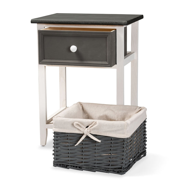 1-Drawer Storage Unit with Basket Modern Transitional Two-Tone Dark Grey and White Finished Wood