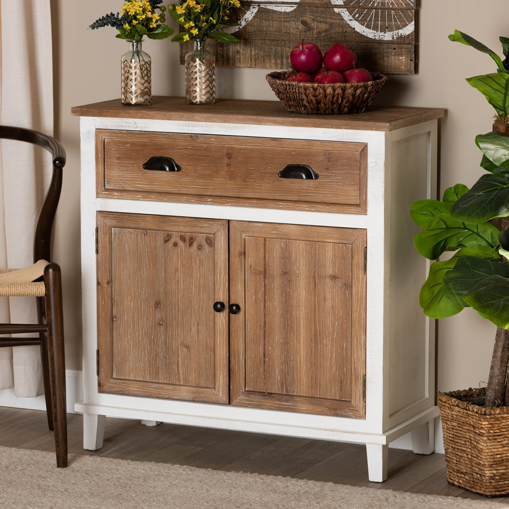 2-Door 2-Drawer Storage Cabinet Rustic Farmhouse Weathered Two-Tone White and Oak Brown Finished Wood