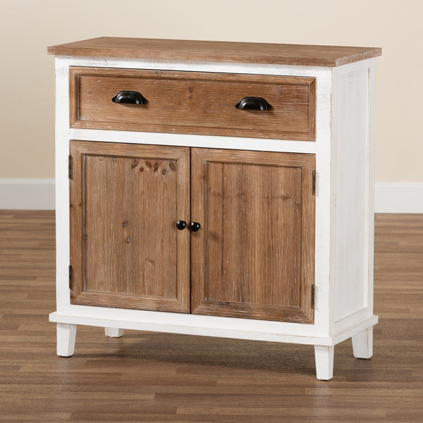 2-Door 2-Drawer Storage Cabinet Rustic Farmhouse Weathered Two-Tone White and Oak Brown Finished Wood