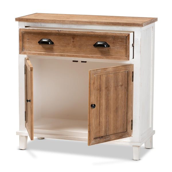 2-Door 2-Drawer Storage Cabinet Rustic Farmhouse Weathered Two-Tone White and Oak Brown Finished Wood