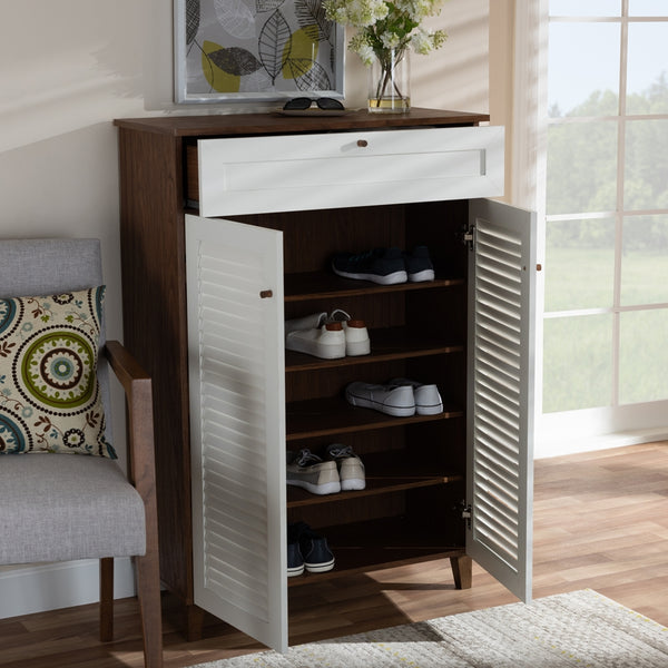 5-Shelf Wood Shoe Storage Cabinet with Drawer White and Walnut Finished