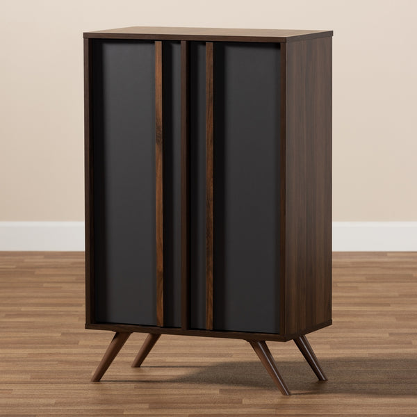 2-Door 5 Shelves Shoe Cabinet Modern and Contemporary Two-Tone Grey and Walnut Finished Wood