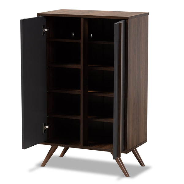 2-Door 5 Shelves Shoe Cabinet Modern and Contemporary Two-Tone Grey and Walnut Finished Wood