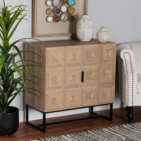 Modern and Contemporary 2-Door Storage Cabinet Natural Brown Finished Wood and Black Metal