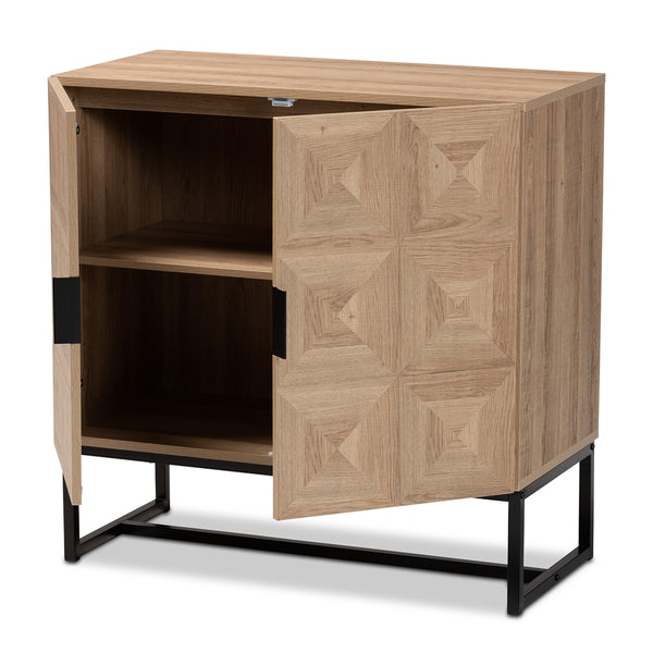 Modern and Contemporary 2-Door Storage Cabinet Natural Brown Finished Wood and Black Metal