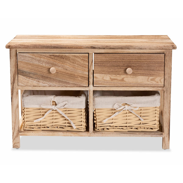 2-Drawer Storage Unit with Woven Baskets Rustic Oak Brown Finished Wood