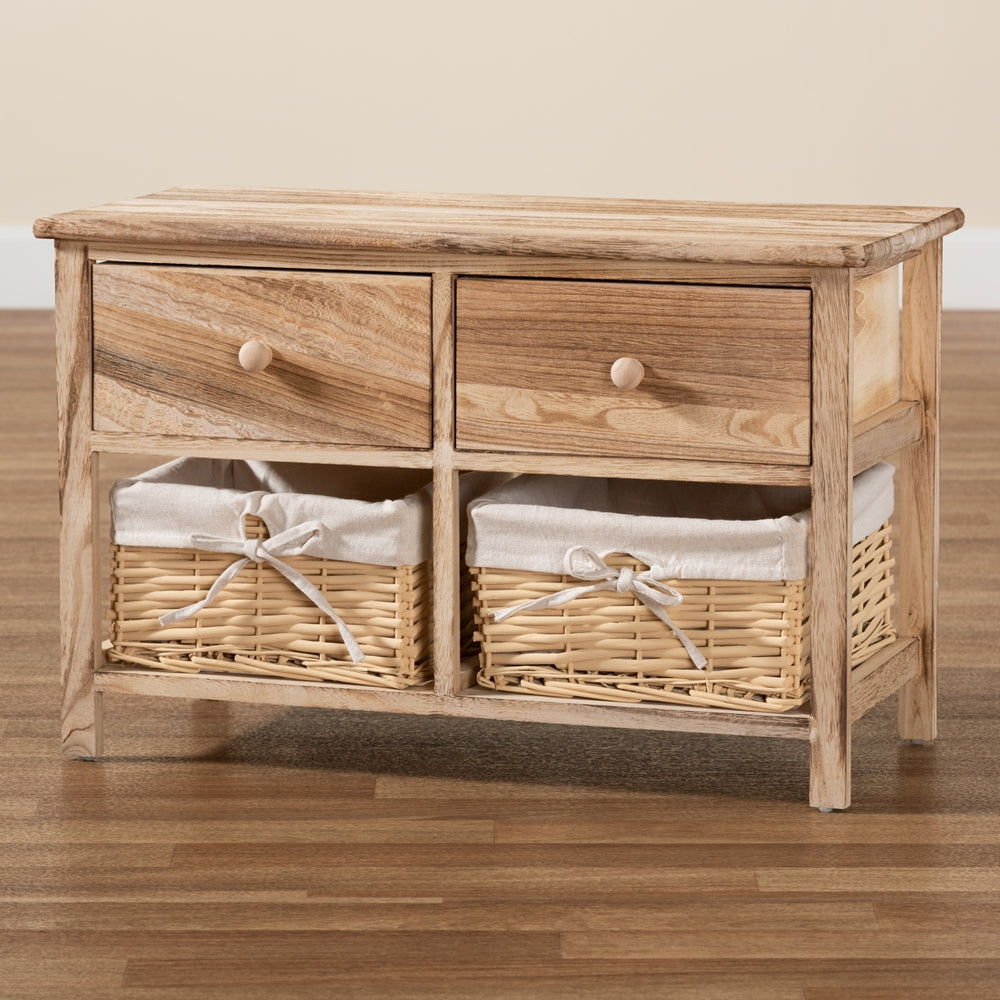 2-Drawer Storage Unit with Woven Baskets Rustic Oak Brown Finished Wood