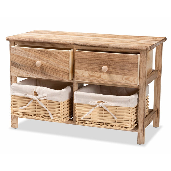 2-Drawer Storage Unit with Woven Baskets Rustic Oak Brown Finished Wood