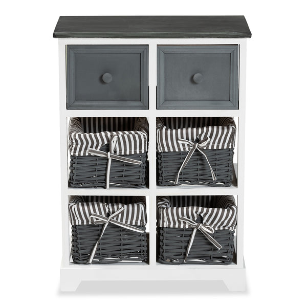 Modern and Contemporary Two-Tone Grey and White Finished Wood 2-Drawer Storage Unit with Baskets