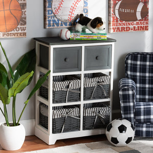 Modern and Contemporary Two-Tone Grey and White Finished Wood 2-Drawer Storage Unit with Baskets