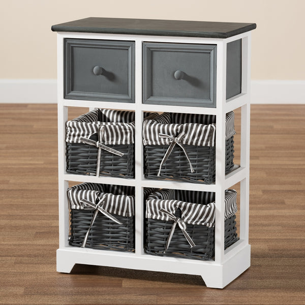 Modern and Contemporary Two-Tone Grey and White Finished Wood 2-Drawer Storage Unit with Baskets