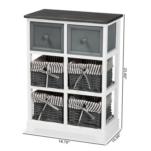 Modern and Contemporary Two-Tone Grey and White Finished Wood 2-Drawer Storage Unit with Baskets