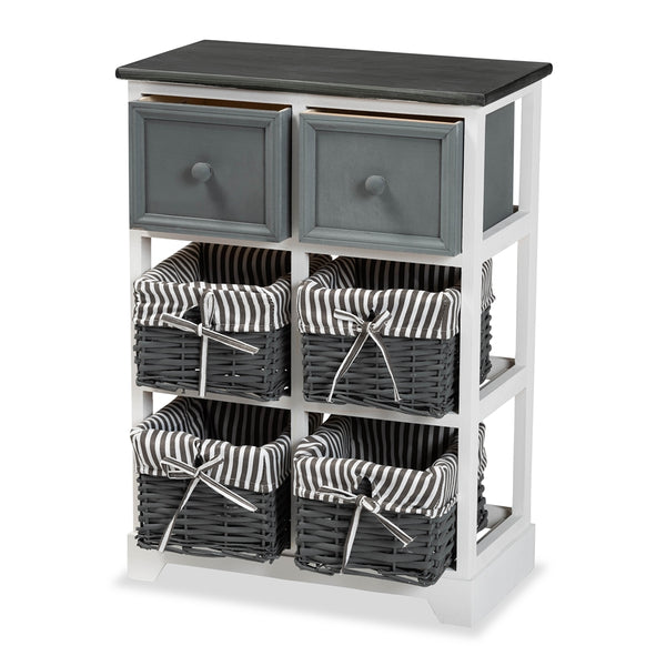 Modern and Contemporary Two-Tone Grey and White Finished Wood 2-Drawer Storage Unit with Baskets