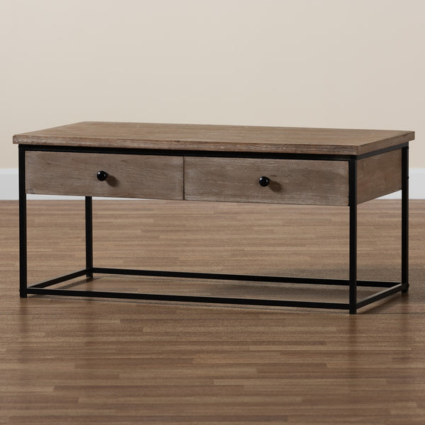 2-Drawer Mesh Coffee Table Modern and Contemporary Weathered Oak Finished Wood and Black Metal