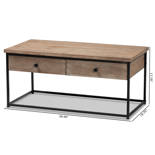 2-Drawer Mesh Coffee Table Modern and Contemporary Weathered Oak Finished Wood and Black Metal