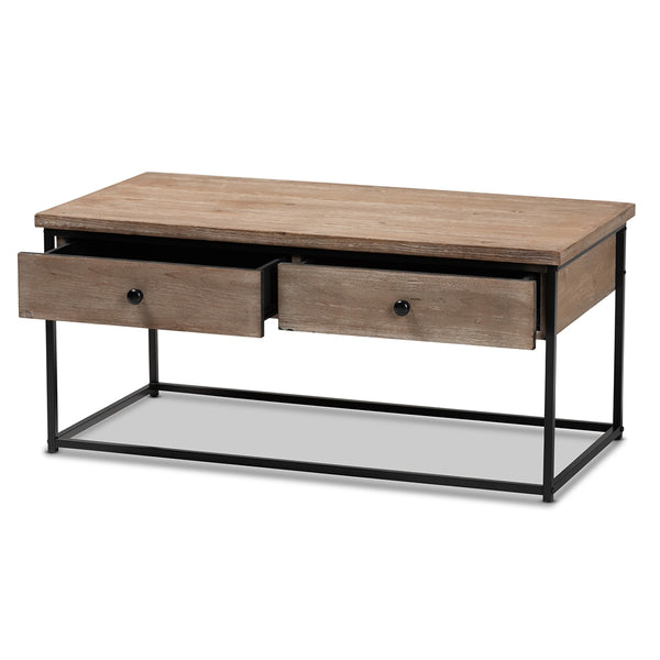 2-Drawer Mesh Coffee Table Modern and Contemporary Weathered Oak Finished Wood and Black Metal