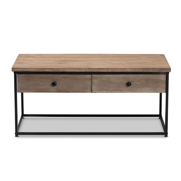 2-Drawer Mesh Coffee Table Modern and Contemporary Weathered Oak Finished Wood and Black Metal