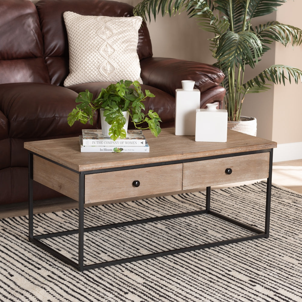 2-Drawer Mesh Coffee Table Modern and Contemporary Weathered Oak Finished Wood and Black Metal